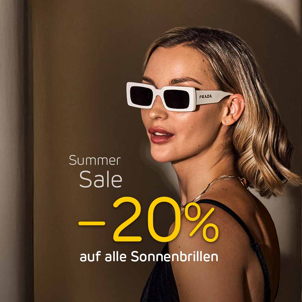 Dame mit weißer Sonnenbrille und Sale Hinweis